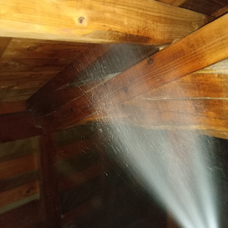 床下の木材にシロアリ駆除剤を散布する様子