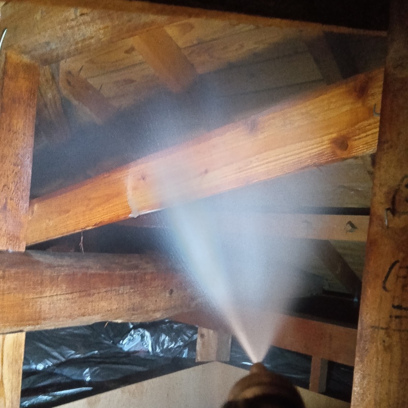 屋根裏の木材にシロアリ駆除剤を散布する様子