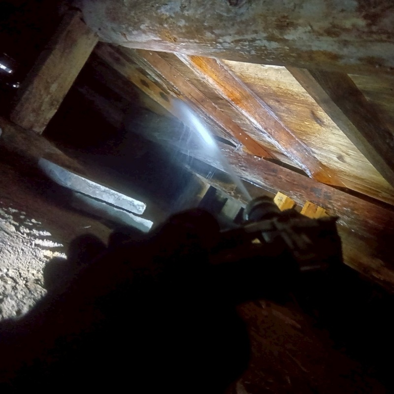 床下の木材にシロアリ駆除剤を散布する様子