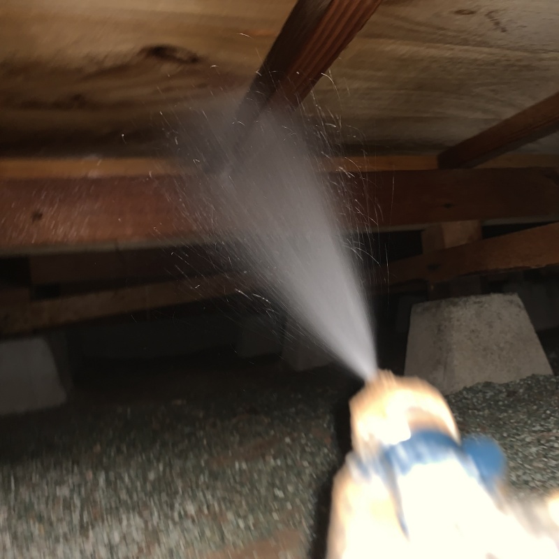 床下の木材にシロアリ駆除剤を散布する様子