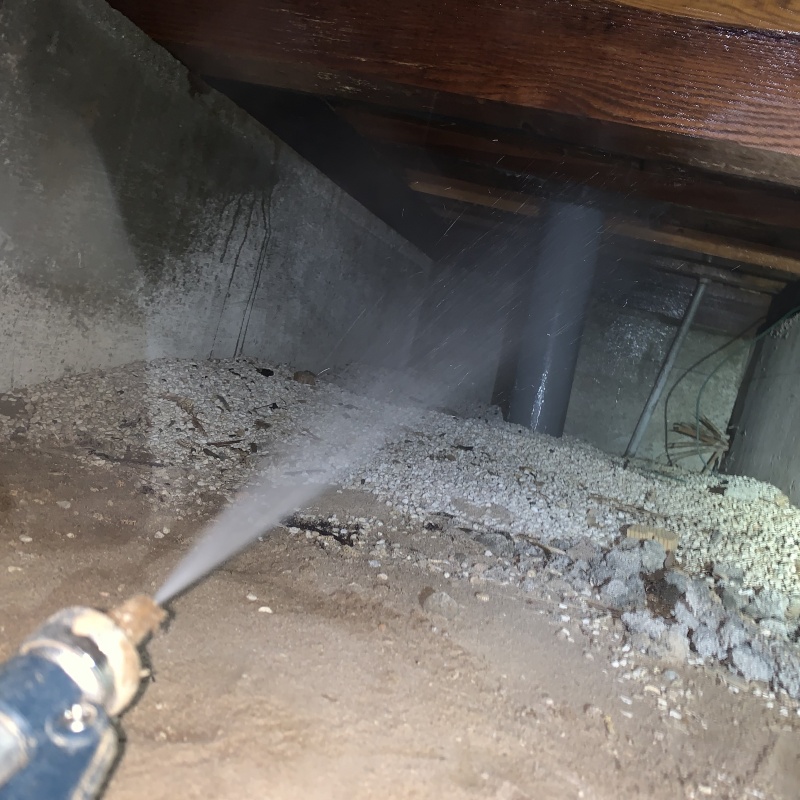 床下の基礎部分にシロアリ駆除剤を散布する様子
