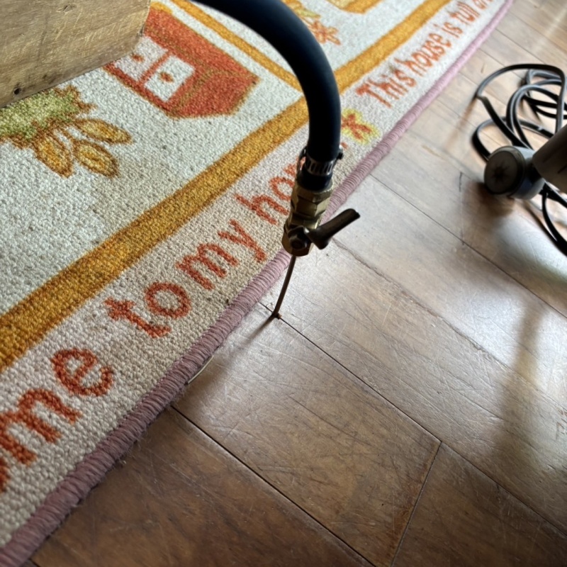 玄関付近の床にシロアリ駆除剤を注入する様子