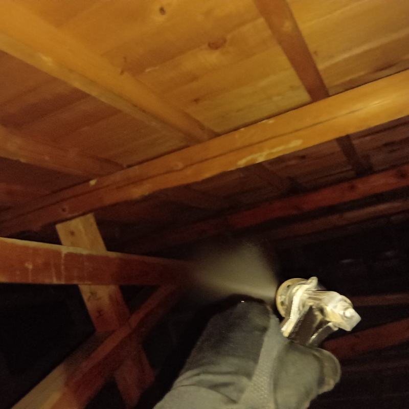 床下の木材にシロアリ駆除剤を散布する様子