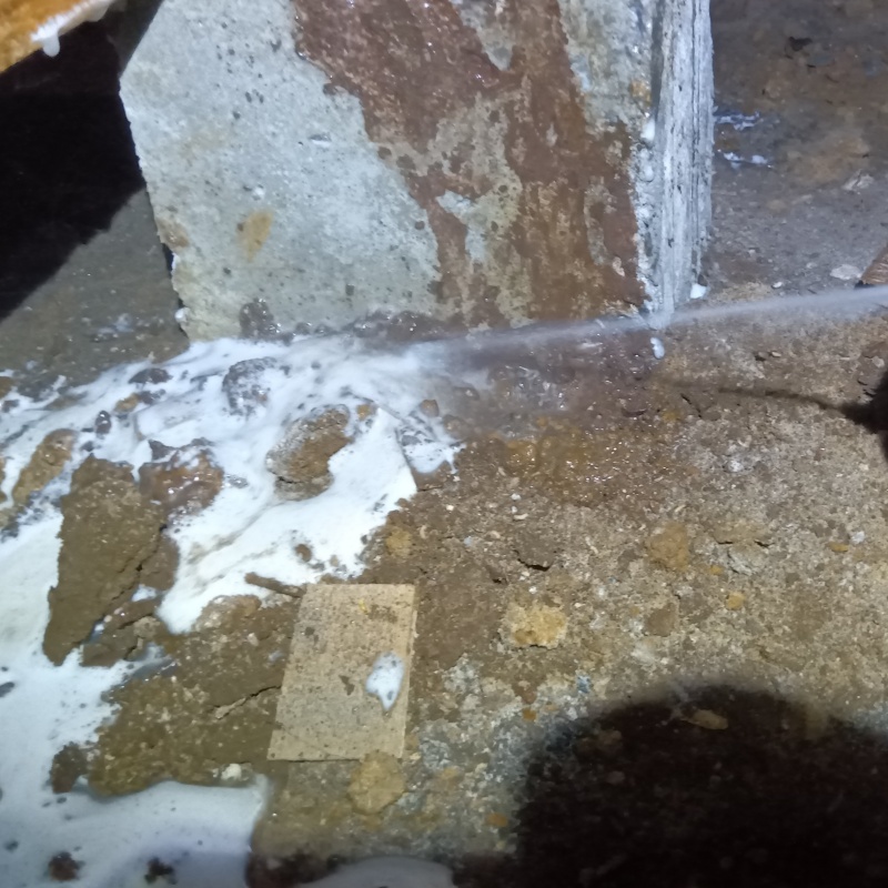 床下の基礎部分にシロアリ駆除剤を散布する様子