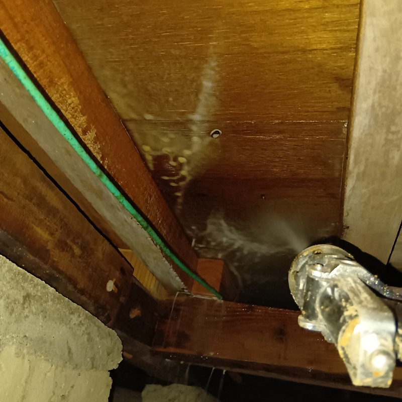 床下の木材にシロアリ駆除剤を散布する様子