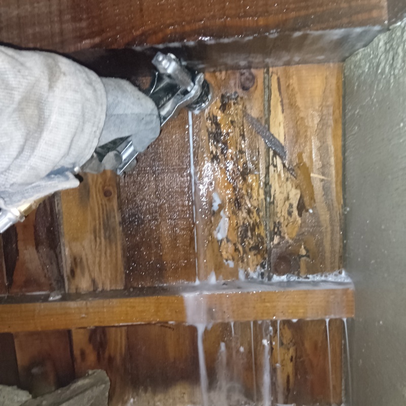 食害を受けた床下の木材にシロアリ駆除剤を散布する様子