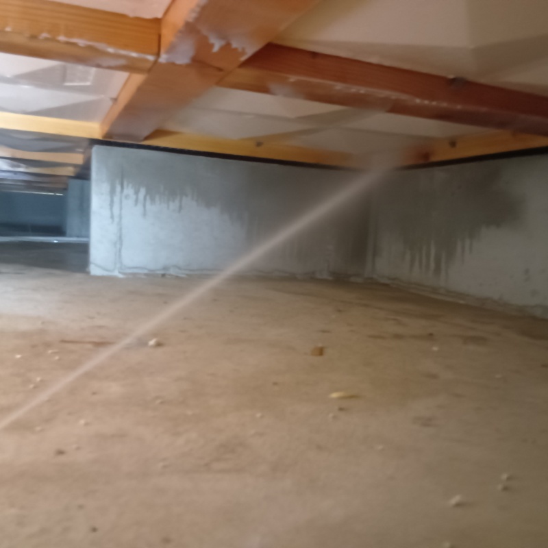 床下の木材に防蟻剤を散布する様子