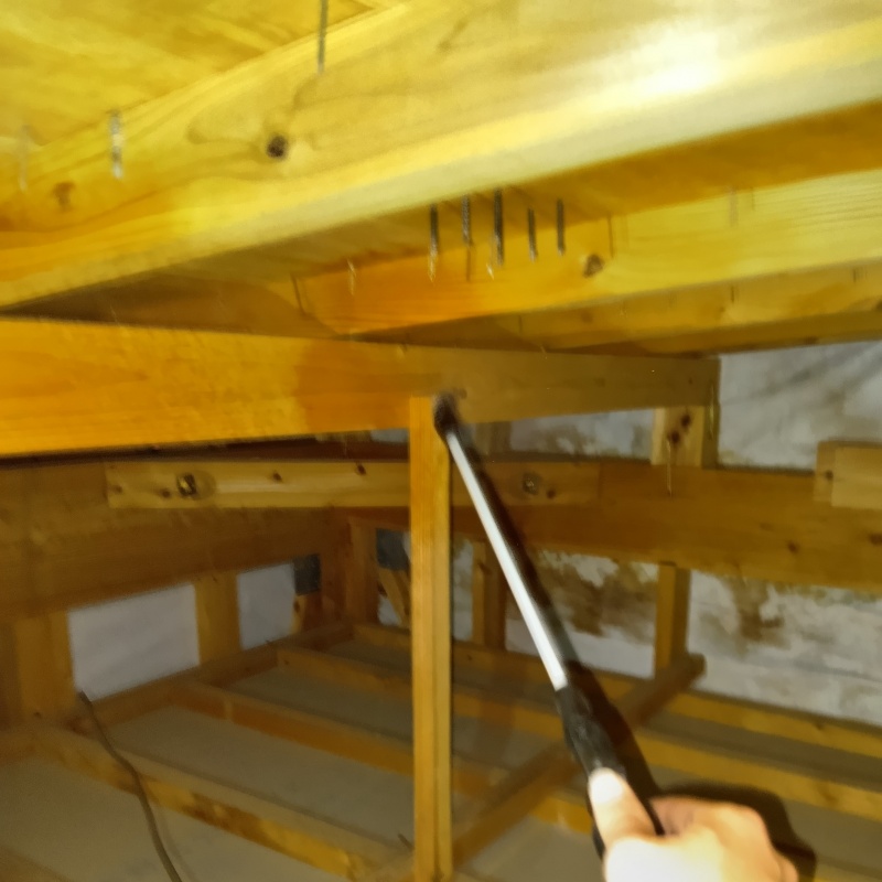 床下の木材にシロアリ駆除剤を散布する様子