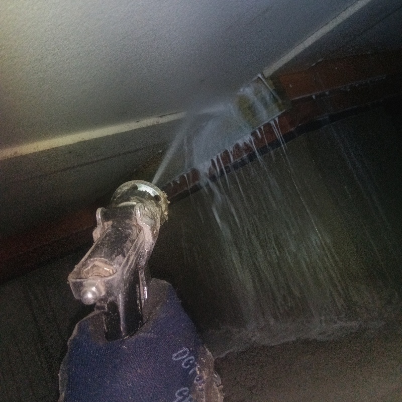 床下の木材に防蟻剤を散布する様子