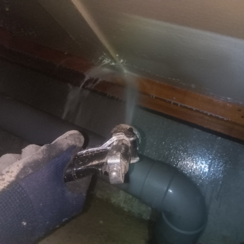 床下の木材に防蟻剤を散布する様子