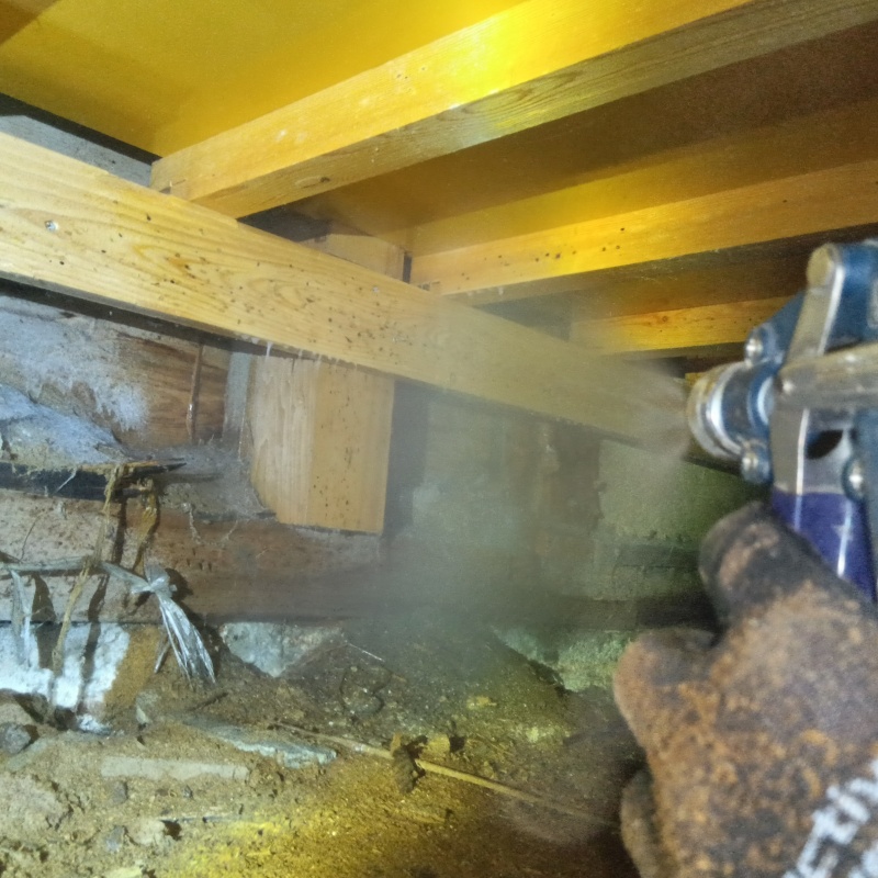 床下の木部にシロアリ駆除剤を散布