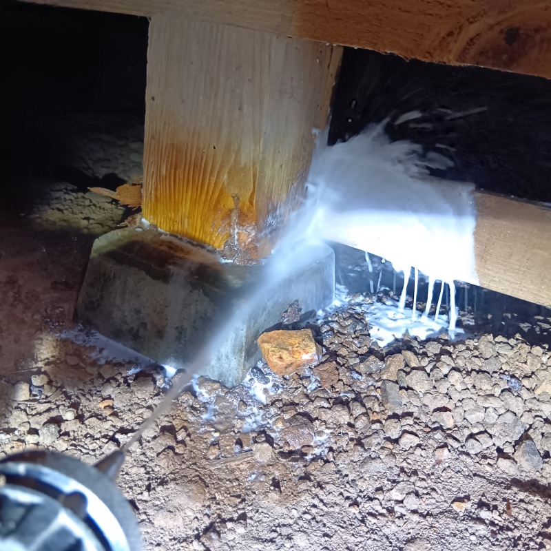 床下の木部にシロアリ駆除剤を散布