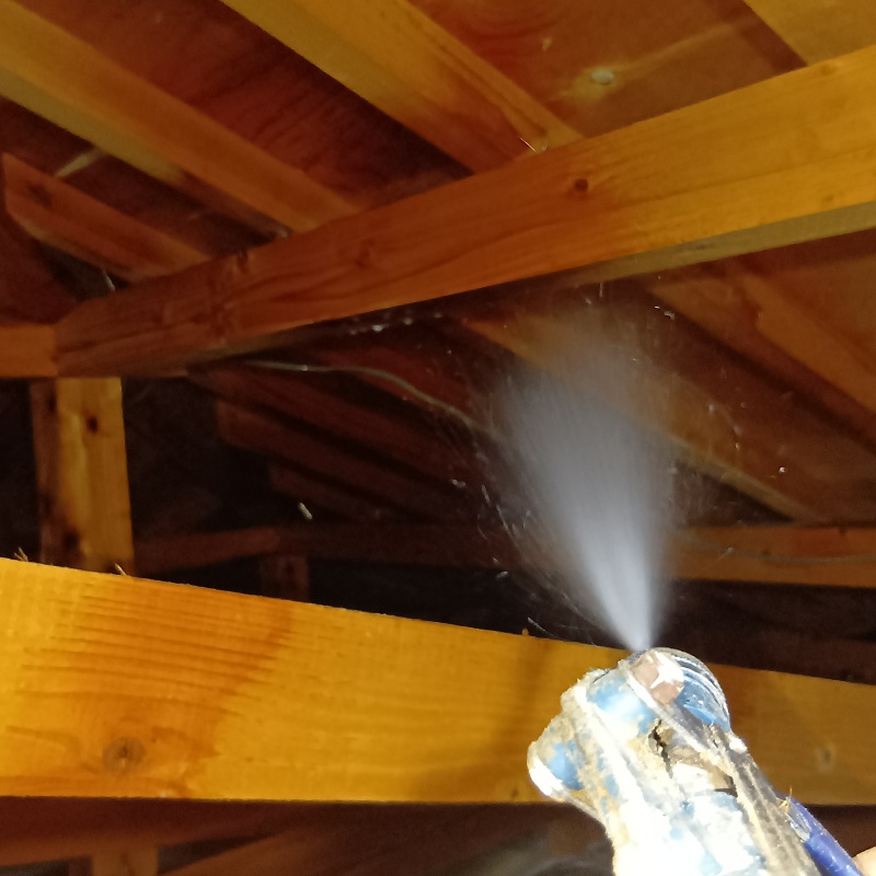 屋根裏の木部にシロアリ駆除剤を散布