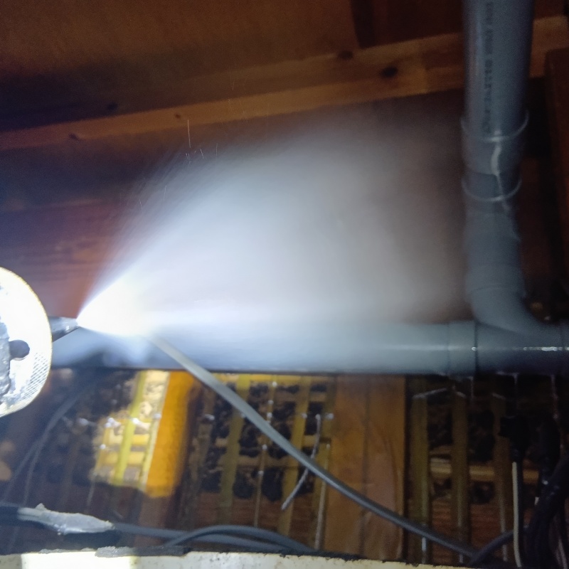 床下木材にシロアリ駆除剤を吹き付ける様子