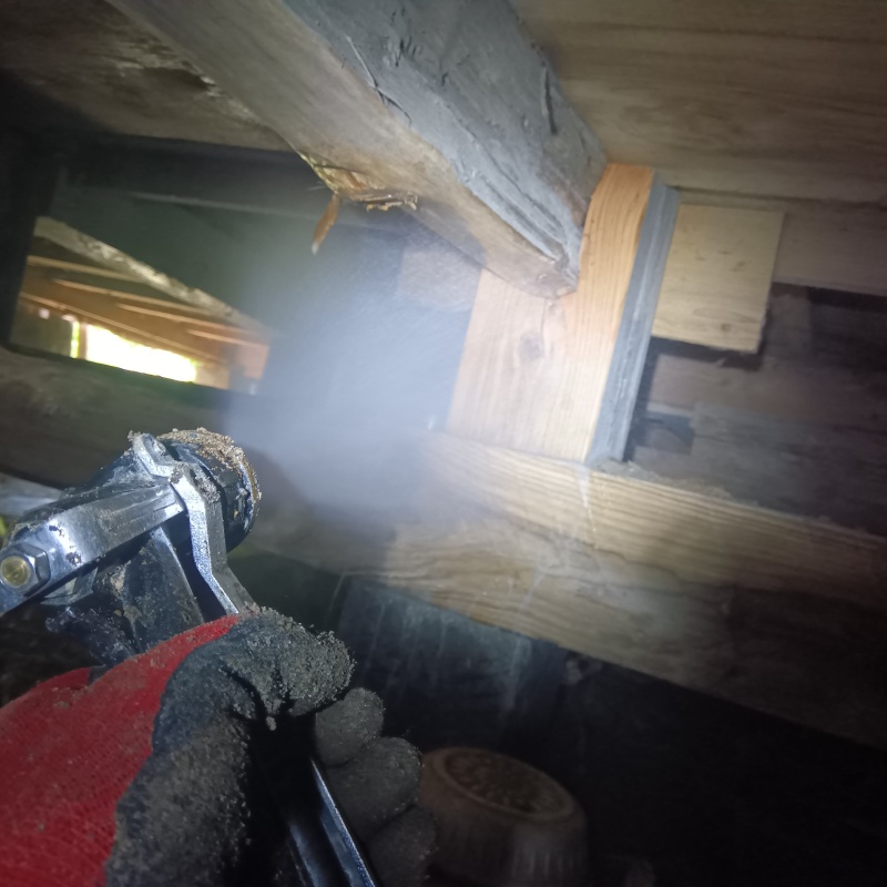 床下木材にシロアリ駆除剤を吹き付けている様子