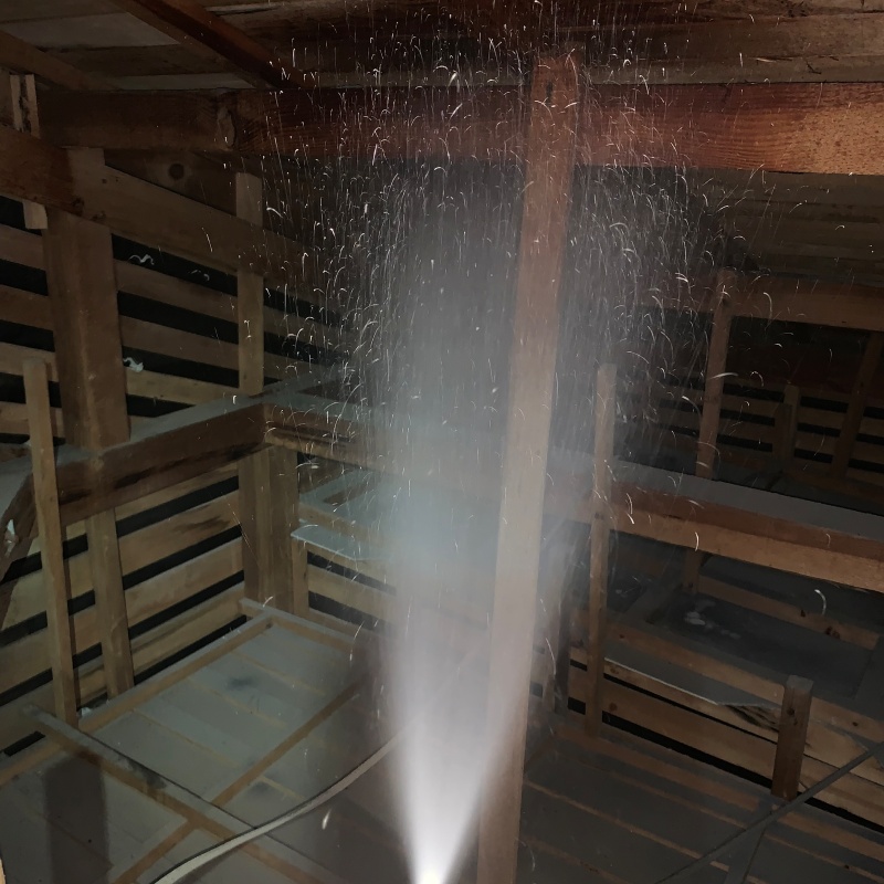 屋根裏の木材にシロアリ駆除剤を散布