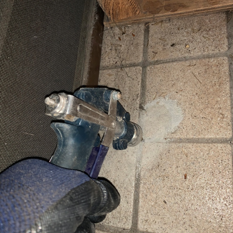 玄関床の目地からシロアリ駆除剤を注入