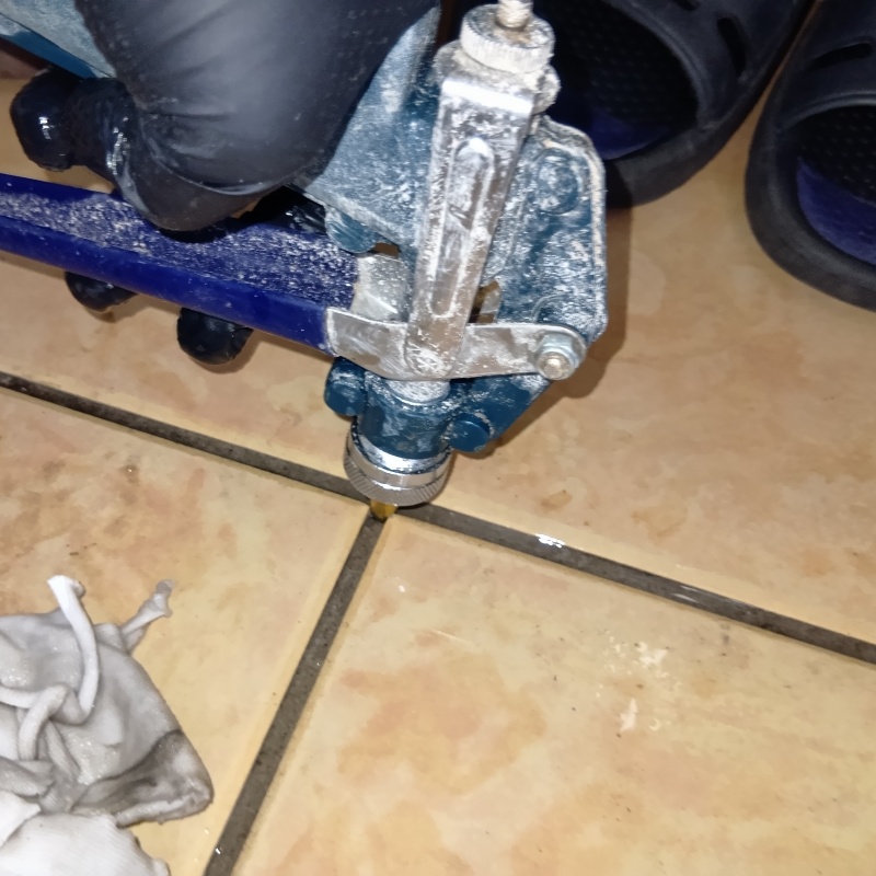 玄関床の目地からシロアリ駆除剤を注入