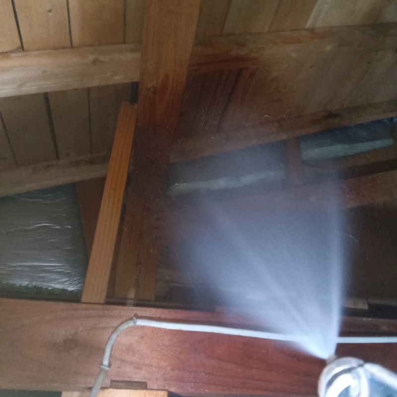 屋根裏の木材にシロアリ駆除剤を散布