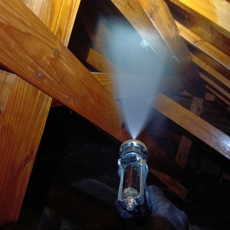 屋根裏の木材にシロアリ駆除剤を散布