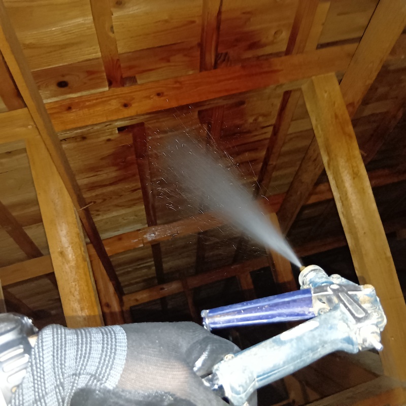 屋根裏の木材にシロアリ駆除剤を散布