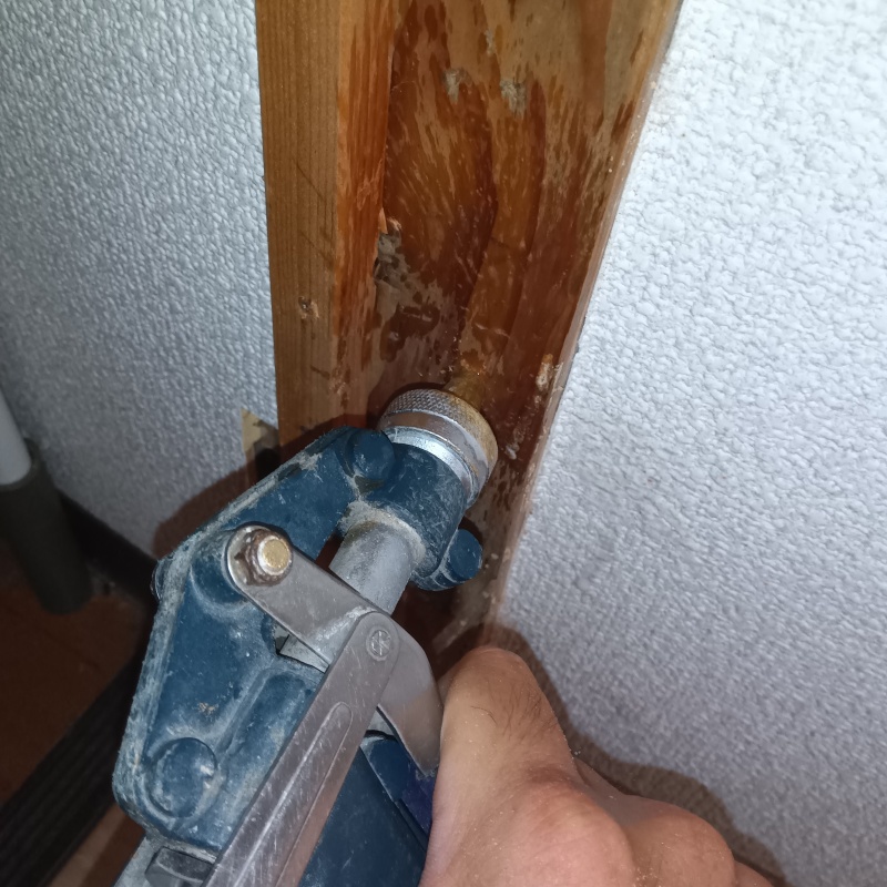 木の柱に穴を開けてシロアリ駆除剤を注入