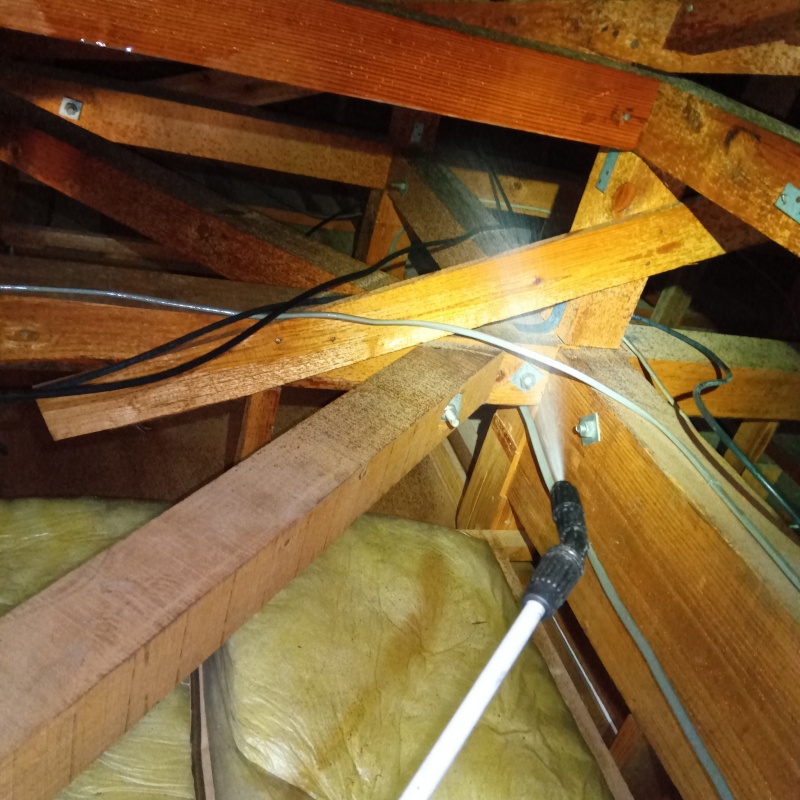 屋根裏の木材にシロアリ駆除剤を散布