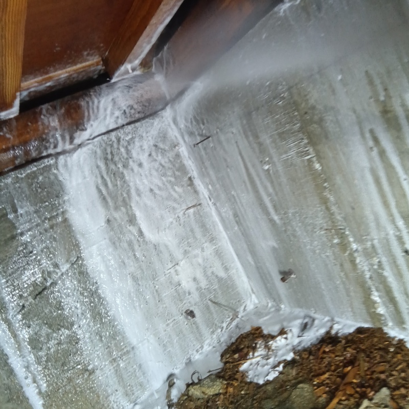 基礎にシロアリ駆除剤を吹き付ける様子