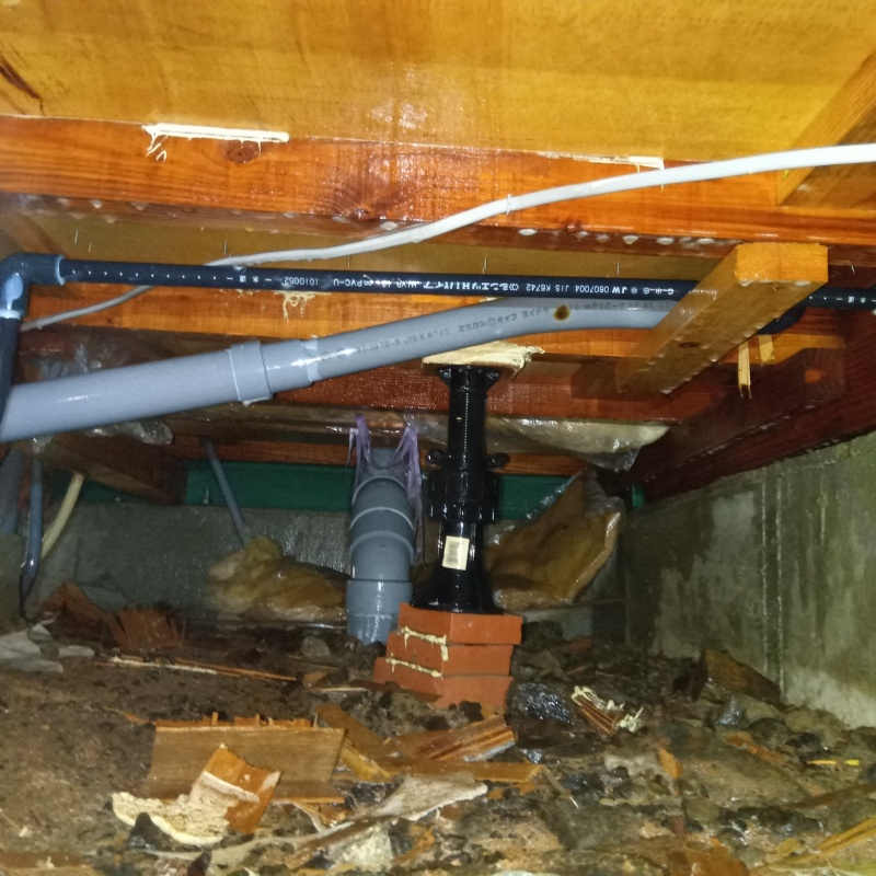 床下木材にシロアリ駆除剤を散布した様子