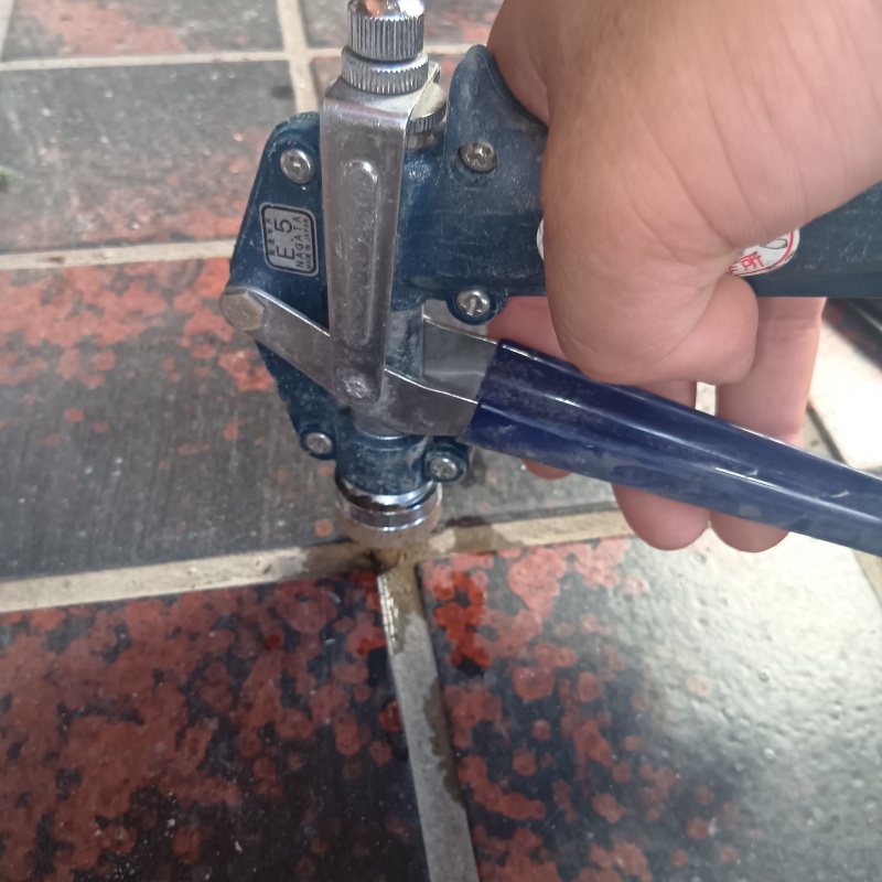 玄関床の目地からシロアリ駆除剤を注入