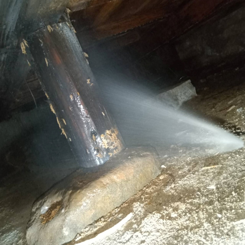 束石まわりにシロアリ駆除剤を散布