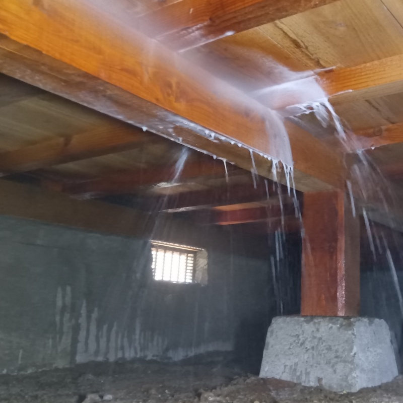 床下の木材にシロアリ駆除剤を散布