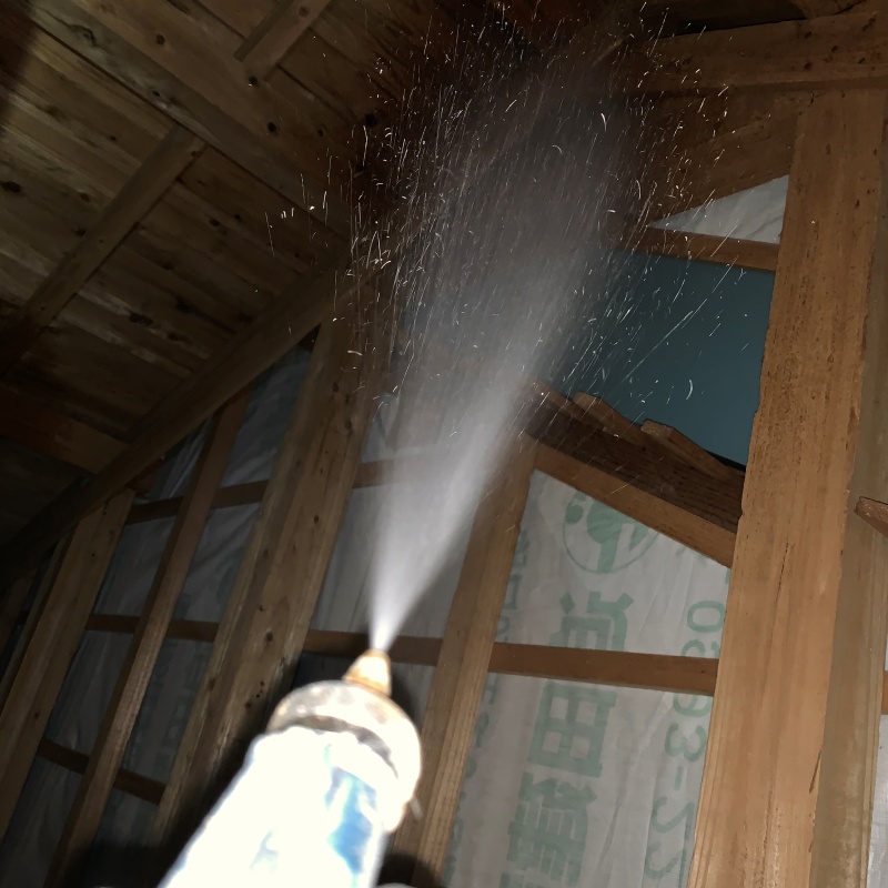 屋根裏にシロアリ駆除剤を散布