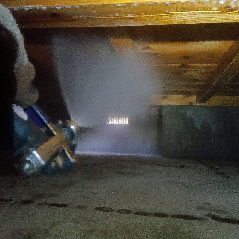 床下の木材にシロアリ駆除剤を散布