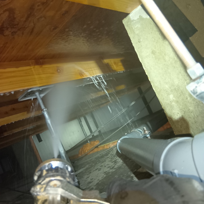 床下木材にシロアリ駆除剤を吹き付けている様子