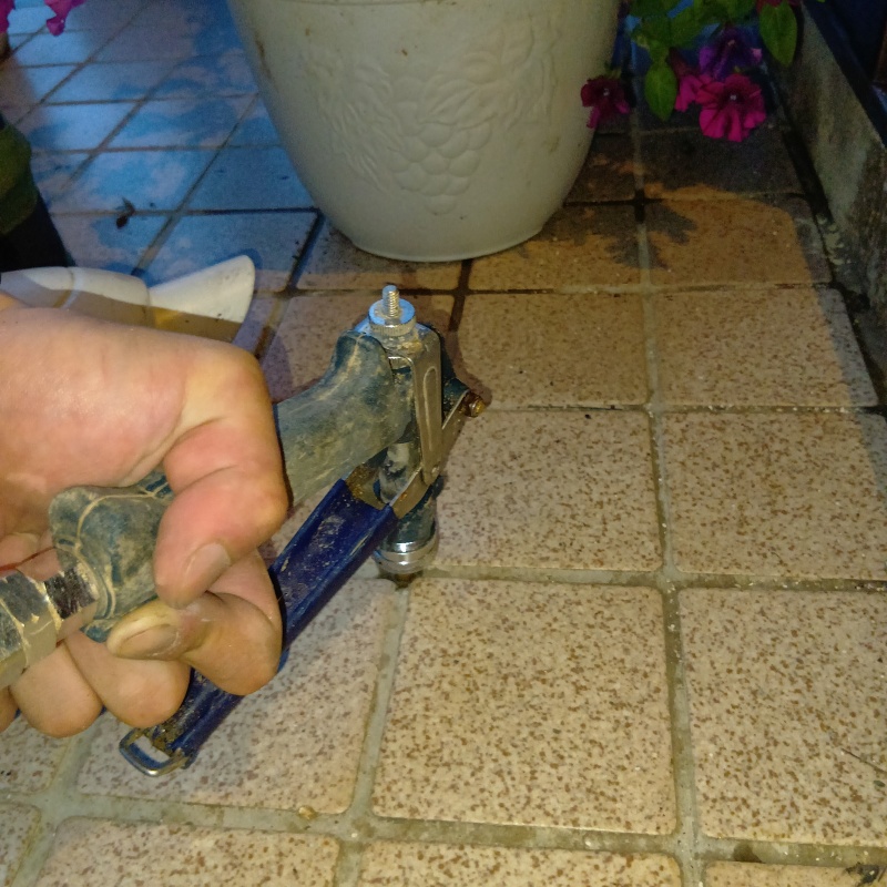 玄関床の目地からシロアリ駆除剤を注入