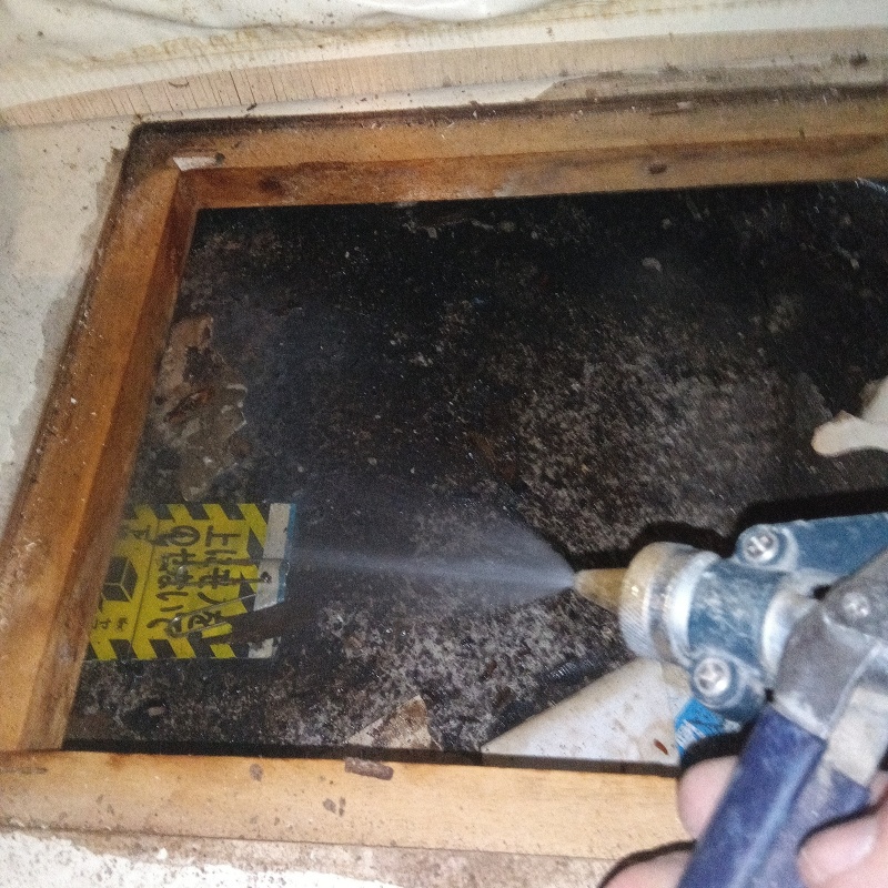 地面にシロアリ駆除剤を散布