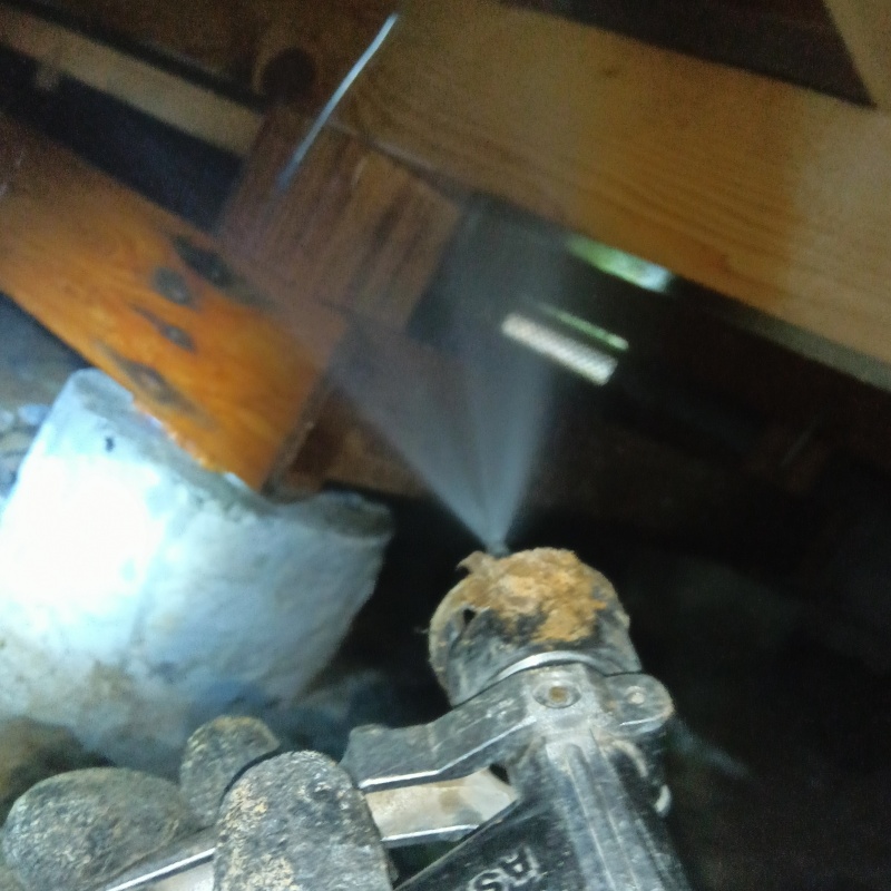 床下木材にシロアリ駆除剤を吹き付けている様子