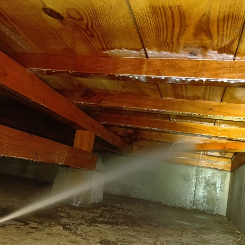 床下の木部にシロアリ駆除剤を散布