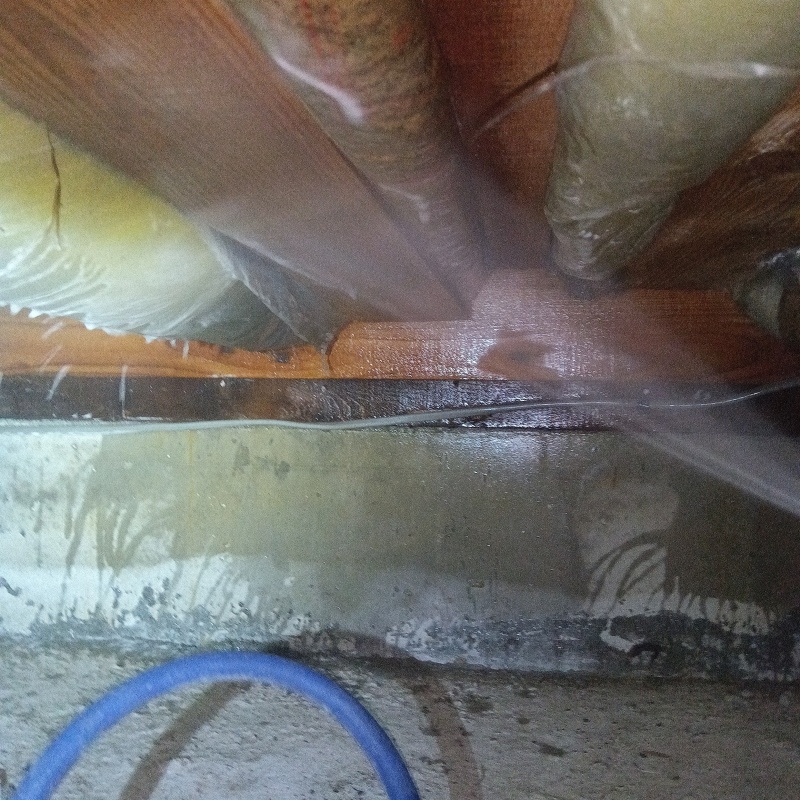 床下の木部にシロアリ駆除剤を散布