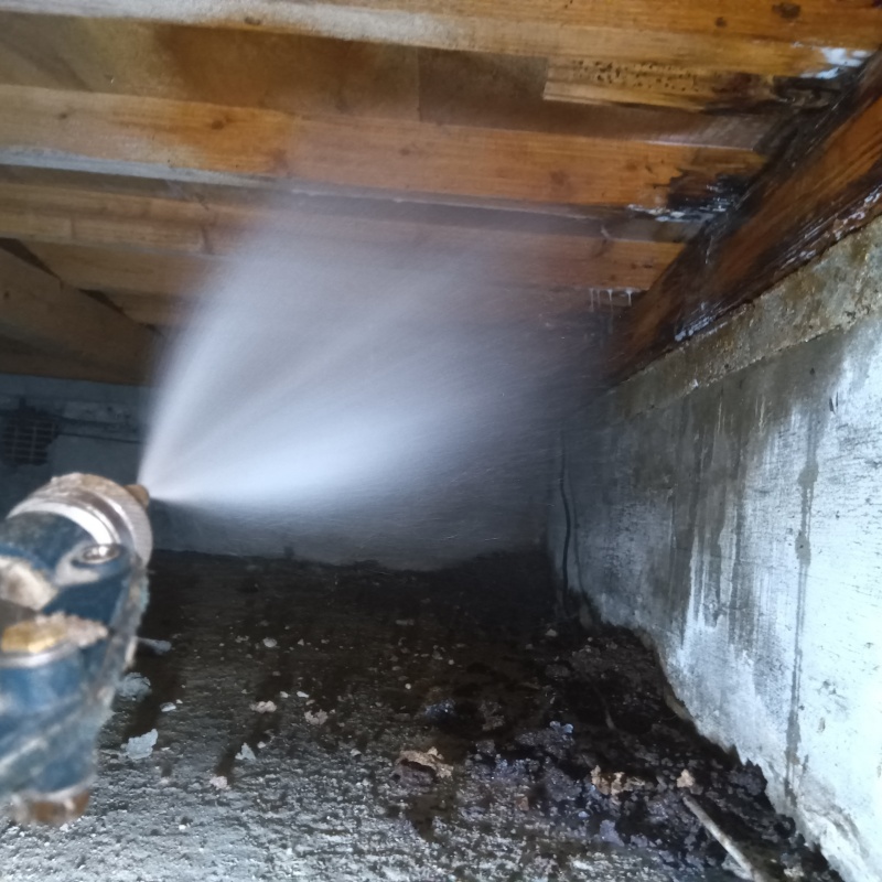 床下の木部にシロアリ駆除剤を散布