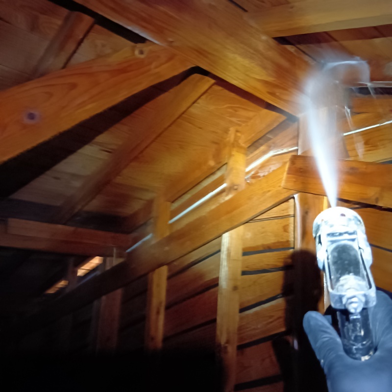 屋根裏の木部にシロアリ駆除剤を散布