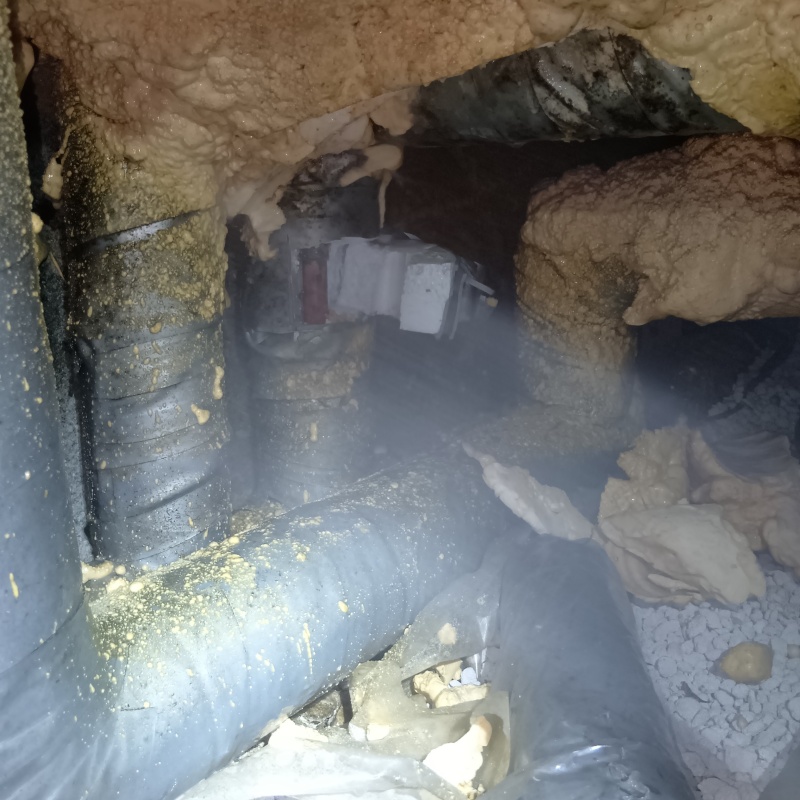 床下の配管にシロアリ駆除剤を散布