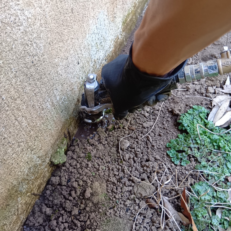 壁と地面の境目にシロアリ駆除剤を注入