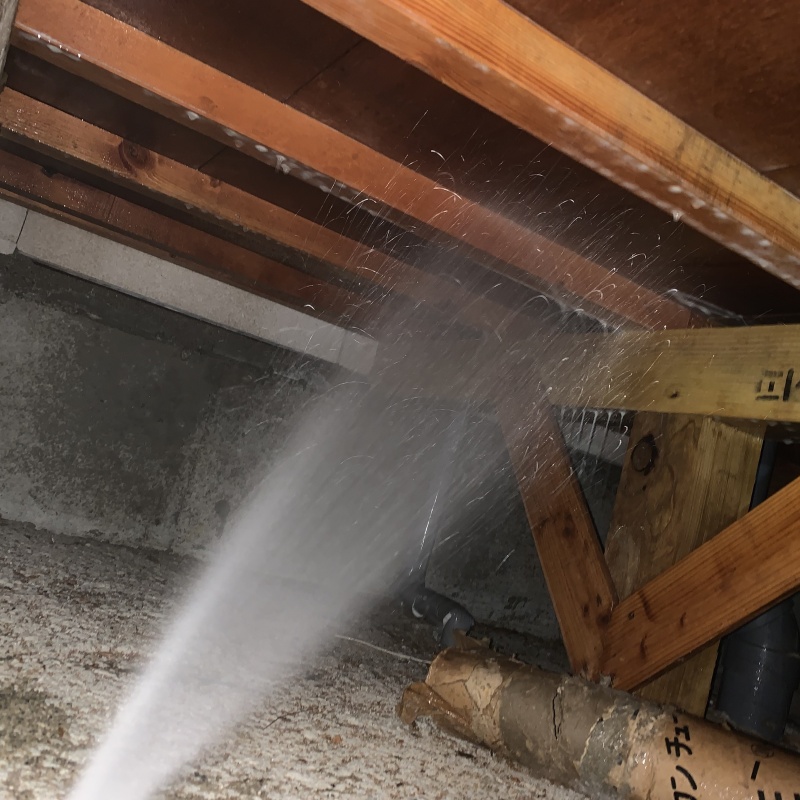 床下の木部にシロアリ駆除剤を散布