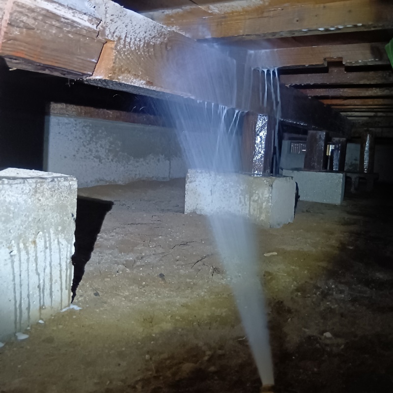 床下の木材にシロアリ駆除剤を散布