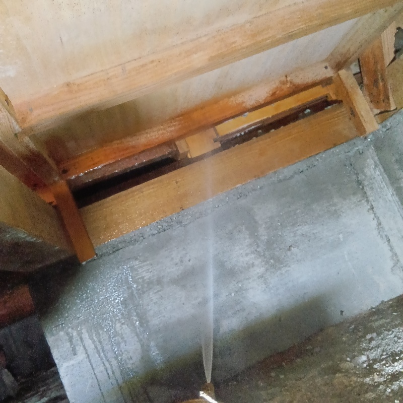 床下の木材にシロアリ駆除剤を散布