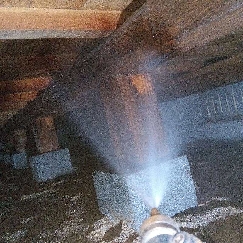 床下の木材にシロアリ駆除剤を散布