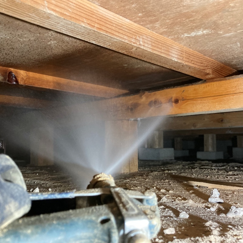 床下の木材にシロアリ駆除剤を散布