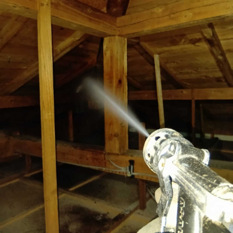 屋根裏にシロアリ駆除剤を散布